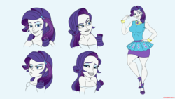Size: 1920x1080 | Tagged: safe, artist:atariboy2600, rarity, comic:the amazonian effect, equestria girls, g4, my little pony equestria girls: better together, big breasts, breasts, busty rarity, clothes, dress, expressions, female, looking at you, raised eyebrow, simple background, smiling, solo, unamused, white background