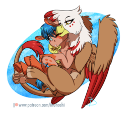 Size: 1024x938 | Tagged: safe, artist:inuhoshi-to-darkpen, oc, oc only, oc:neon sword, oc:scarlet, earth pony, griffon, pony, abstract background, chest fluff, couple, cuddling, duo, ear fluff, female, griffon oc, interspecies, male, oc x oc, one eye closed, open mouth, patreon, patreon logo, paw pads, paws, realistic horse legs, shipping, simple background, straight, transparent background, underhoof, underpaw