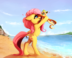 Size: 2500x2000 | Tagged: source needed, safe, artist:miokomata, fluttershy, oc, oc:non toxic, monster pony, original species, pegasus, pony, tatzlpony, g4, baby, baby pony, beach, cute, cute little fangs, duo, fangs, female, foal, folded wings, freckles, heart, high res, lifting, looking at each other, mare, ocbetes, shyabetes, smiling, tatzlbetes, water