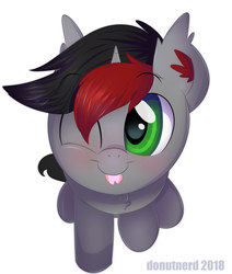 Size: 1838x2167 | Tagged: safe, artist:donutnerd, oc, oc only, oc:cinder smith, pony, unicorn, :p, blushing, chest fluff, ear fluff, fluffy, forked tongue, green eyes, happy, horn, looking up, male, offscreen character, one eye closed, pov, raised hoof, silly, smiling, solo, stallion, tongue out, wink
