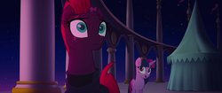 Size: 1920x804 | Tagged: safe, screencap, tempest shadow, twilight sparkle, alicorn, pony, unicorn, g4, my little pony: the movie, broken horn, duo, eye scar, horn, scar, twilight sparkle (alicorn)