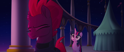 Size: 1920x804 | Tagged: safe, screencap, tempest shadow, twilight sparkle, alicorn, pony, unicorn, g4, my little pony: the movie, broken horn, duo, eye scar, eyes closed, horn, scar, twilight sparkle (alicorn)