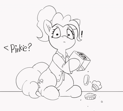 Size: 1280x1158 | Tagged: safe, artist:pabbley, pinkie pie, earth pony, pony, g4, 30 minute art challenge, clothes, explosives, female, food, looking at you, mare, monochrome, muffin, shirt, sketch, solo