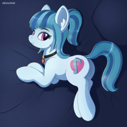 Size: 2048x2048 | Tagged: safe, artist:negasun, sonata dusk, earth pony, pony, g4, cutie mark, equestria girls ponified, female, high res, jewelry, looking at you, looking back, looking back at you, lying down, mare, necklace, on side, ponified, smiling, solo