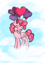 Size: 1000x1414 | Tagged: safe, artist:danger-dashz, pinkie pie, earth pony, pony, g4, balloon, cute, eyes closed, female, floating, heart balloon, mare, sky, smiling, solo, then watch her balloons lift her up to the sky