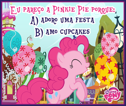 Size: 940x788 | Tagged: safe, pinkie pie, pony, g4, official, balloon, brazil, brazilian portuguese, eyes closed, facebook, female, my little pony logo, ponyville, portuguese, solo, sugarcube corner, translated in the description