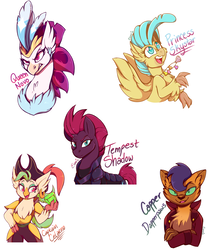 Size: 1393x1677 | Tagged: safe, artist:esmeia, capper dapperpaws, captain celaeno, princess skystar, queen novo, tempest shadow, abyssinian, cat, classical hippogriff, hippogriff, pony, anthro, g4, my little pony: the movie, anthro with ponies, beauty mark, bedroom eyes, chest fluff, ear piercing, earring, female, jewelry, lidded eyes, piercing, seductive, seductive look, sexy, simple background, stupid sexy capper, stupid sexy celaeno, white background