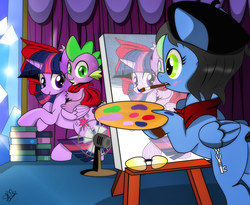Size: 1228x1006 | Tagged: safe, artist:dsana, spike, twilight sparkle, oc, oc:stainless key, alicorn, dragon, pegasus, pony, g4, artist, baby, baby dragon, beret, book, bust, canvas, cape, clothes, curtains, cute, cutie mark, dragons riding ponies, easel, electric fan, fan, female, fine art parody, folded wings, glasses, glasses off, green eyes, hat, horn, mare, napoleon bonaparte, napoleon crossing the alps, painting, palette, portrait, pose, riding, scales, scarf, signature, spikabetes, spike riding twilight, twiabetes, twilight sparkle (alicorn), twilight's castle, wings
