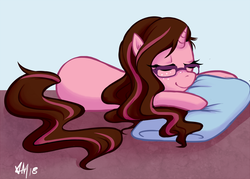 Size: 800x572 | Tagged: safe, artist:emberfan11, oc, oc only, oc:opacity, pony, unicorn, female, freckles, glasses, mare, pillow, ponysona, sleeping, solo