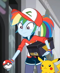 Size: 469x572 | Tagged: safe, edit, edited screencap, screencap, rainbow dash, pikachu, equestria girls, g4, good vibes, my little pony equestria girls: summertime shorts, cropped, crossover, cute, dashabetes, female, helpful, helping, looking at you, looking down, poké ball, pokémon, pokémon trainer, smiling, solo