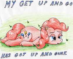 Size: 2514x2009 | Tagged: safe, artist:40kponyguy, derpibooru exclusive, pinkie pie, earth pony, pony, g4, colored pencil drawing, ear fluff, female, floppy ears, grass, high res, mare, solo, tired, traditional art