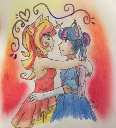Size: 600x660 | Tagged: safe, artist:fallenangel5414, sunset shimmer, twilight sparkle, alicorn, human, equestria girls, g4, alternate clothes, alternate hairstyle, clothes, crossed horns, curved horn, dancing, dress, female, horn, horned humanization, horns are touching, human coloration, humanized, imminent kissing, lesbian, ponied up, ship:sunsetsparkle, shipping, smiling, twilight sparkle (alicorn)