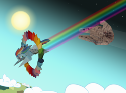 Size: 4377x3240 | Tagged: safe, artist:malte279, rainbow dash, g4, millenium falcon, origami, sonic rainboom, star wars, tribute