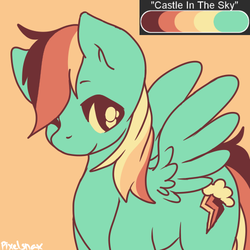 Size: 500x500 | Tagged: safe, artist:pixelsnax, rainbow dash, pegasus, pony, g4, castle in the sky, female, limited palette, looking at you, mare, one eye closed, orange background, simple background, smiling, solo, spread wings, standing, wings, wink