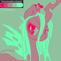 Size: 500x500 | Tagged: safe, artist:pixelsnax, queen chrysalis, bug pony, changeling, changeling queen, g4, bust, conversation hearts, female, frown, limited palette, queen, solo, spread wings