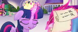 Size: 1920x804 | Tagged: safe, screencap, birdcall, grape garnet, twilight sparkle, alicorn, pony, g4, my little pony: the movie, crown, eyes closed, glowing horn, horn, jewelry, list, magic, magic aura, quill, regalia, sad, twilight sparkle (alicorn)