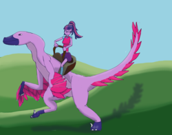 Size: 2048x1603 | Tagged: safe, artist:jongoji245, sci-twi, twilight sparkle, dinosaur, feathered dinosaur, equestria girls, g4, clothes, cute, eyes closed, glasses, humans riding dinosaurs, ponytail, requested art, riding, saddle, skirt, smiling, tack