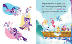 Size: 1521x928 | Tagged: safe, artist:zoe persico, applejack, fluttershy, pinkie pie, princess cadance, princess flurry heart, rainbow dash, rarity, shining armor, twilight sparkle, alicorn, pony, g4, twilight sparkle: best aunt ever, little golden book, mane six, preview, twilight sparkle (alicorn)