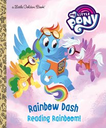 Size: 1988x2400 | Tagged: safe, artist:zoe persico, daring do, rainbow dash, pegasus, pony, daring do and the marked thief of marapore, g4, official, rainbow dash: reading rainboom, the daring do adventure collection, book, book cover, cloud, cover, female, filly, flying, foal, goggles, little golden book, my little pony logo, pun, reading rainboom, unnamed character, unnamed pony