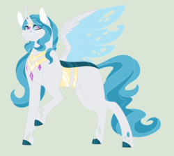 Size: 3008x2680 | Tagged: safe, artist:maiachlte, oc, oc only, oc:princess acidalia, changepony, hybrid, colored hooves, female, green background, high res, hybrid wings, interspecies offspring, magical lesbian spawn, offspring, parent:princess celestia, parent:queen chrysalis, parents:chryslestia, simple background, solo