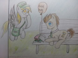 Size: 4096x3072 | Tagged: safe, artist:supercastle, derpy hooves, doctor whooves, time turner, g4, balloon, bench, book, traditional art