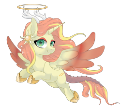 Size: 5500x5000 | Tagged: safe, artist:mlpdarksparx, oc, oc only, oc:hoovana, alicorn, hybrid, pony, alicorn oc, antlers, female, flying, interspecies offspring, looking at you, mare, offspring, parent:discord, parent:princess celestia, parents:dislestia, simple background, smiling, solo, transparent background