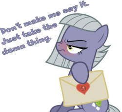 Size: 1500x1373 | Tagged: safe, artist:phucknuckl, limestone pie, earth pony, pony, g4, blushing, dialogue, envelope, female, holiday, limetsun pie, nose wrinkle, simple background, solo, transparent background, tsundere, valentine's day