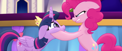 Size: 1920x804 | Tagged: safe, screencap, pinkie pie, twilight sparkle, alicorn, earth pony, pony, g4, my little pony: the movie, angry, bow, determined, duo, profile, ribbon, squishy cheeks, surprised, twilight sparkle (alicorn)