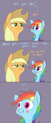 Size: 1280x3072 | Tagged: safe, artist:underpable, applejack, rainbow dash, pony, g4, :t, backfire, blush sticker, blushing, comic, cowboy hat, dialogue, female, frown, hat, lidded eyes, loading, mare, my parents are dead, open mouth, purple background, rainbow douche, rainbow dumb, scrunchy face, shipping denied, simple background, smiling, smirk, stetson, unamused, wide eyes