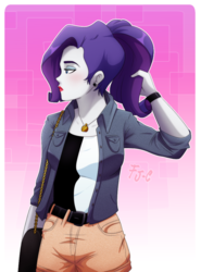 Size: 600x809 | Tagged: safe, artist:fj-c, rarity, equestria girls, g4, alternate hairstyle, clothes, female, jacket, lipstick, shirt, shorts, solo