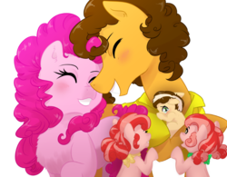 Size: 828x647 | Tagged: safe, artist:gamblingfoxinahat, cheese sandwich, pinkie pie, oc, oc:macadamia nut cheese, oc:topsy, oc:turvy, earth pony, pony, g4, baby, baby pony, boop, colt, eyes closed, family, female, filly, heartwarming in hindsight, male, noseboop, offspring, parent:cheese sandwich, parent:pinkie pie, parents:cheesepie, pigtails, ponytail, ship:cheesepie, shipping, simple background, straight, teary eyes, white background