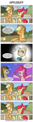 Size: 1675x6174 | Tagged: safe, artist:zsparkonequus, apple bloom, applejack, doctor whooves, mayor mare, pinkie pie, time turner, earth pony, pony, g4, ..., belly button, bow, comic, cowboy hat, cutie mark, dialogue, eyes closed, female, fence, filly, hair bow, hat, smiling, speech bubble, stetson, sweet apple acres, the cmc's cutie marks, tree