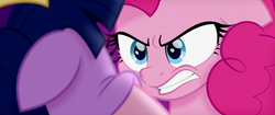 Size: 1920x804 | Tagged: safe, screencap, pinkie pie, twilight sparkle, alicorn, pony, g4, my little pony: the movie, angry, crown, determined, gritted teeth, jewelry, regalia, squishy cheeks, twilight sparkle (alicorn)