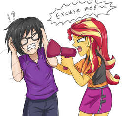 Size: 4547x4287 | Tagged: safe, artist:sumin6301, sunset shimmer, oc, oc:sumin, equestria girls, g4, absurd resolution, angry, clothes, dialogue, excuse me, eyes closed, glasses, human male, jacket, leather jacket, male, megaphone, shirt, skirt, vest, yelling