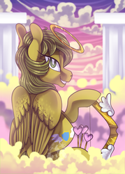 Size: 600x840 | Tagged: safe, artist:breloomsgarden, oc, oc only, oc:escuda, angel, pegasus, pony, arrow, bow (weapon), bow and arrow, cloud, cloudy, cupid, female, halo, heart arrow, hearts and hooves day, holiday, looking at you, looking back, mare, solo, valentine's day, weapon
