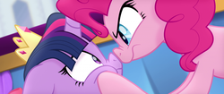 Size: 1920x804 | Tagged: safe, screencap, pinkie pie, twilight sparkle, alicorn, earth pony, pony, g4, my little pony: the movie, angry, boop, crown, determined, eye contact, female, floppy ears, frown, glare, jewelry, looking at each other, mare, nose wrinkle, noseboop, regalia, scared, squishy cheeks, surprised, twilight sparkle (alicorn), wide eyes