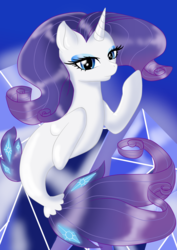 Size: 2893x4092 | Tagged: safe, artist:eternalcherryblossom, rarity, seapony (g4), unicorn, g4, my little pony: the movie, blue background, blue eyes, blue mane, blue tail, crystal, digital art, dorsal fin, eyeshadow, female, fin, fish tail, flowing mane, flowing tail, gem, high res, horn, looking at you, makeup, mare, ocean, seaponified, seapony rarity, simple background, smiling, smiling at you, solo, species swap, swimming, tail, underwater, water