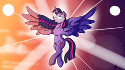 Size: 1280x720 | Tagged: safe, artist:takutanuvataio, twilight sparkle, alicorn, pony, g4, female, full moon, glowing eyes, mare, moon, open mouth, solo, spread wings, stars, sun, twilight sparkle (alicorn), wings
