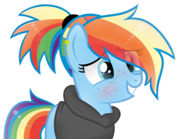 Size: 1024x806 | Tagged: safe, artist:xmelodyskyx, rainbow dash, earth pony, pony, g4, alternate eye color, alternate hairstyle, blushing, clothes, earth pony rainbow dash, female, freckles, grin, hoodie, mare, piercing, ponytail, race swap, simple background, smiling, solo, transparent background, wrong eye shape