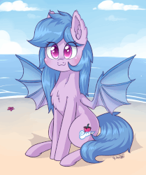 Size: 1126x1344 | Tagged: safe, alternate version, artist:dsp2003, oc, oc only, oc:fruit hulu, bat pony, pony, animated, bat pony oc, beach, blushing, chest fluff, cute, dsp2003 is trying to murder us, ear fluff, eye shimmer, female, gif, mare, mlem, ocbetes, silly, sitting, spread wings, tongue out, wings