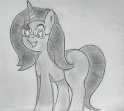 Size: 3391x3021 | Tagged: safe, artist:gian2020, oc, oc only, oc:perla, pony, unicorn, female, glasses, high res, mare, monochrome, smiling, solo, traditional art