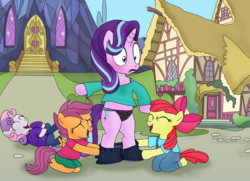 Size: 4033x2915 | Tagged: safe, artist:elephanteddie, apple bloom, scootaloo, starlight glimmer, sweetie belle, pegasus, pony, unicorn, semi-anthro, g4, assisted exposure, bipedal, black underwear, blushing, bra strap, clothes, cutie mark crusaders, embarrassed, embarrassed underwear exposure, female, high res, humiliation, panties, pants, pants down, pantsing, ponyville, ribbon, thong, underwear, undressing