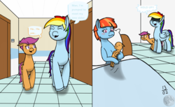 Size: 1600x976 | Tagged: safe, artist:wyntermoon, rainbow dash, scootaloo, windy whistles, oc, pegasus, pony, g4, baby, bed, female, foal, freckles, hospital, hospital bed, magical lesbian spawn, mare, offspring, parent:scootaloo, parent:windy whistles, request, this ended in pregnancy