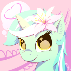 Size: 1200x1200 | Tagged: safe, artist:cheshiresdesires, lyra heartstrings, pony, unicorn, g4, abstract background, female, flower, flower in hair, heart, heart eyes, looking at you, smiling, solo, wingding eyes