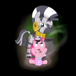 Size: 3000x3000 | Tagged: safe, artist:ricktin, pinkie pie, zecora, pony, zebra, g4, age regression, baby, baby pie, baby pony, cauldron, cutie mark diapers, diaper, duo, ear piercing, earring, female, foal, high res, jewelry, magic, pacifier, piercing