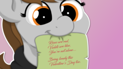 Size: 1920x1080 | Tagged: safe, artist:ljdamz1119, oc, oc only, oc:penny page, pony, clothes, gradient background, holiday, hoodie, letter, mouth hold, poem, valentine's day
