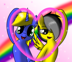 Size: 1016x887 | Tagged: safe, artist:pencil bolt, oc, oc:electrony, oc:laser star, pegasus, pony, unicorn, funny, gay, heart, holiday, looking at you, male, pink, rainbow, smiling, spark, sparking, stars, valentine, valentine's day