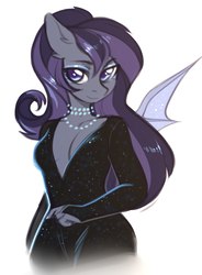 Size: 1586x2160 | Tagged: safe, artist:fensu-san, oc, oc only, bat pony, anthro, absolute cleavage, anthro oc, bat pony oc, black dress, breasts, cleavage, clothes, dress, eyeshadow, female, jewelry, makeup, mare, necklace, pearl necklace, simple background, solo, white background