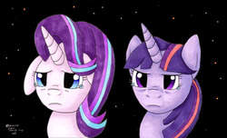 Size: 600x365 | Tagged: safe, artist:rorschfox, starlight glimmer, twilight sparkle, pony, fanfic:a star's eternal glimmer, g4, fanfic, fanfic art, floppy ears, night, teary eyes