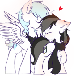 Size: 1364x1400 | Tagged: safe, artist:heddopen, oc, oc:diamond frost, oc:noot, earth pony, pegasus, pony, clothes, dianoot, ear fluff, eyes closed, female, forehead kiss, heart, male, mare, oc x oc, scarf, shipping, simple background, smiling, spread wings, stallion, straight, white background, wings